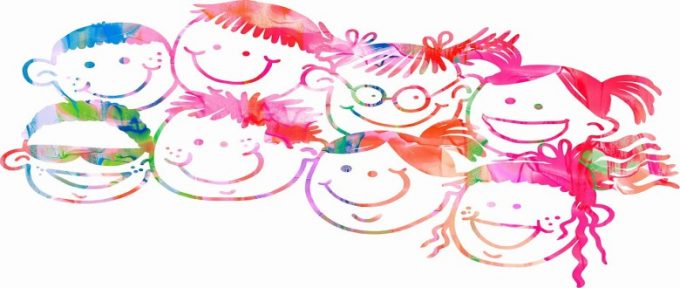 children water colour graphic with smiley faces