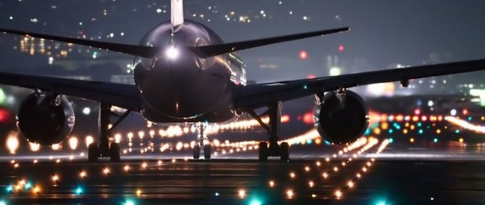 aeroplane landing at airport at night