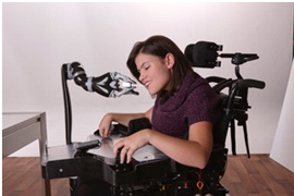 young woman in robotic arm chair