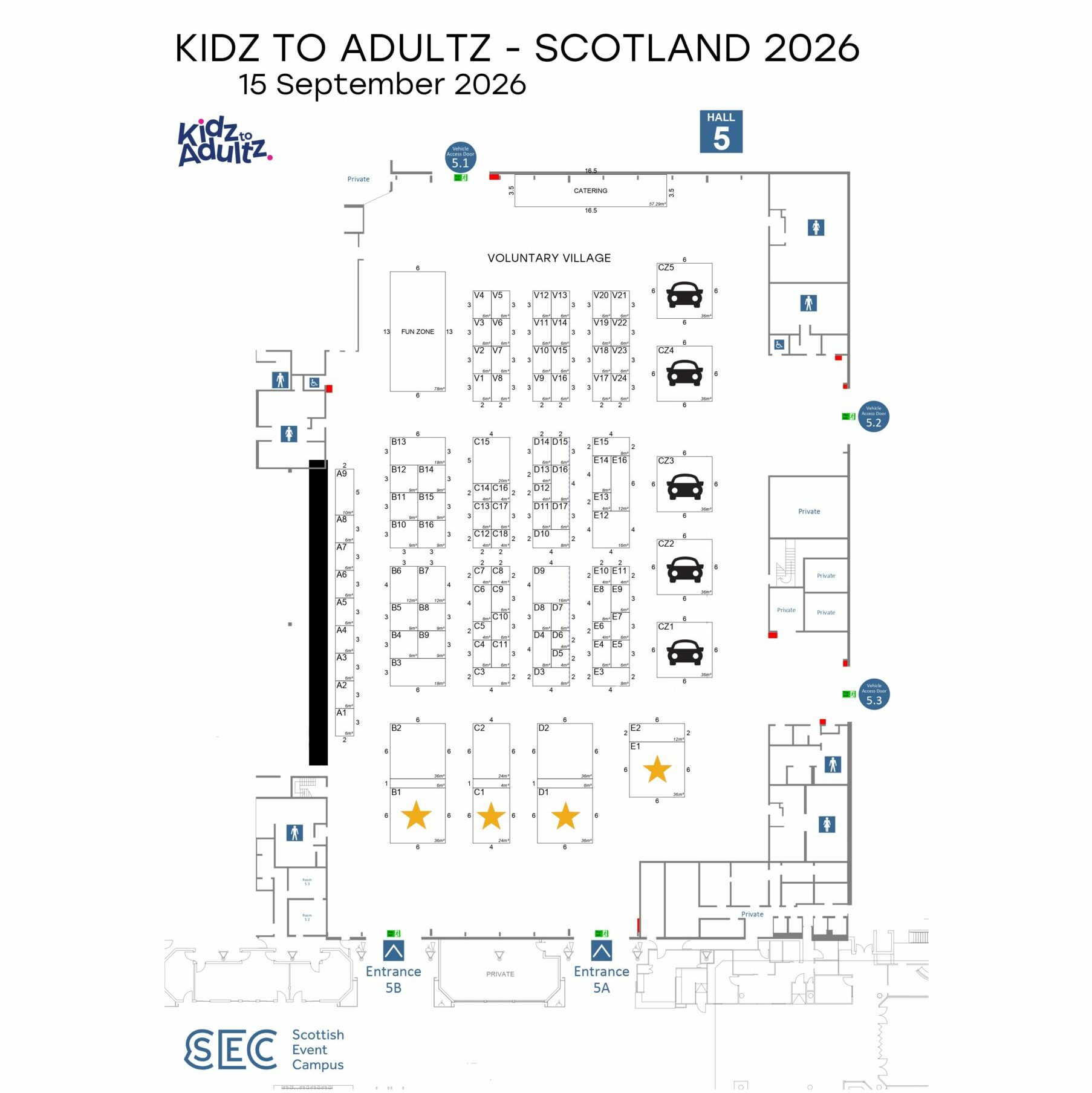 Event floor plan for Kidz to Adultz Scotland 2026 showing exhibition hall layout with booths, accessible routes, and icons for cars and entrances.